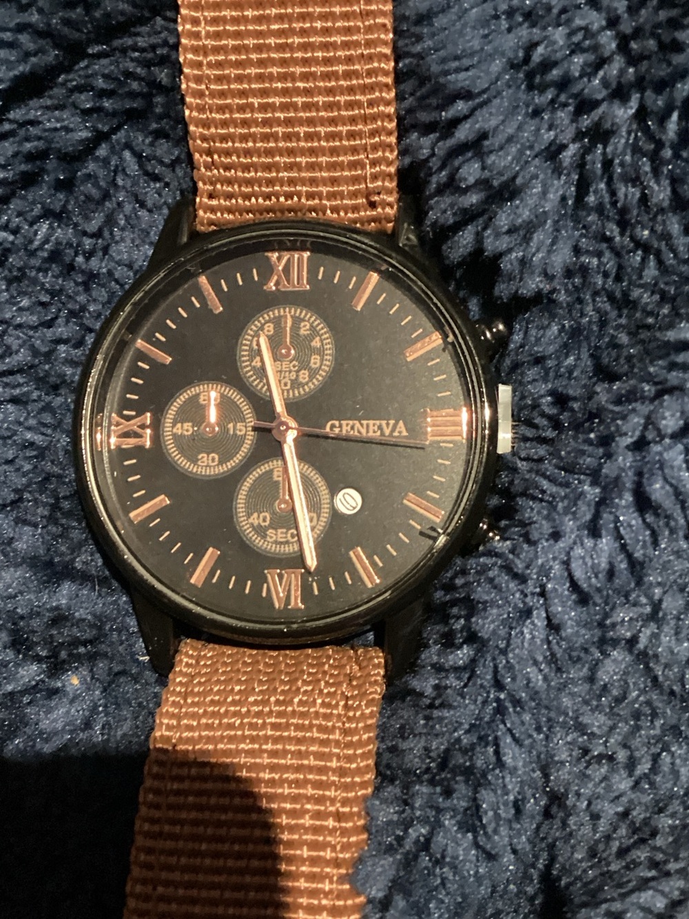 Geneva Black Dial Watch with Brown Nylon Strap